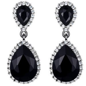 Gun Metal with Black Onyx and White Diamond Austrian Crystal Teardrop Earrings